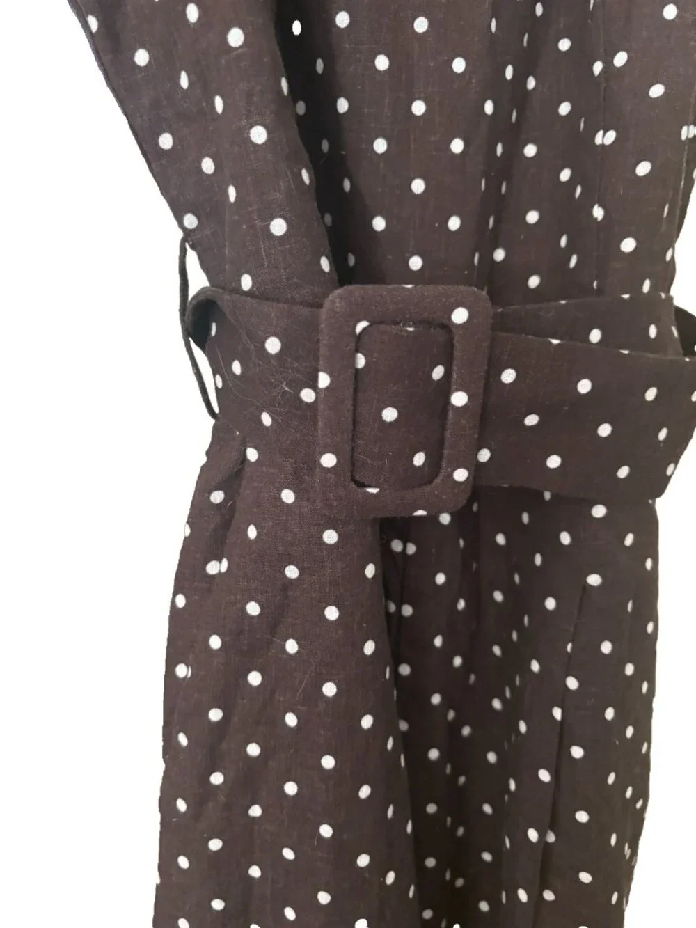 Mango Women's Round Neck Polka-Dot Belt Jumpsuit Brown/White NWOT Pockets MED